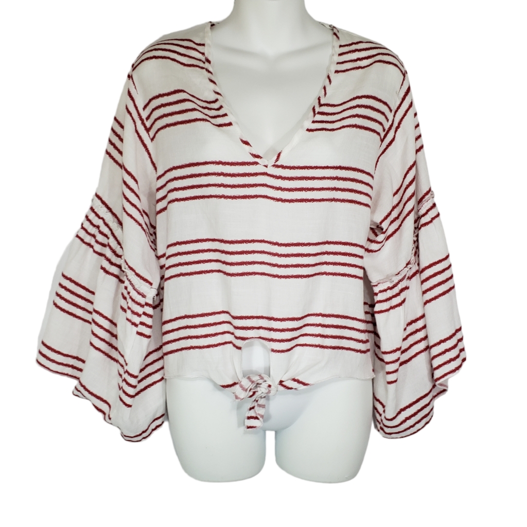 Anthropologie Lavender Field Stripe Bell Sleeve Front Knot Top Red White Small